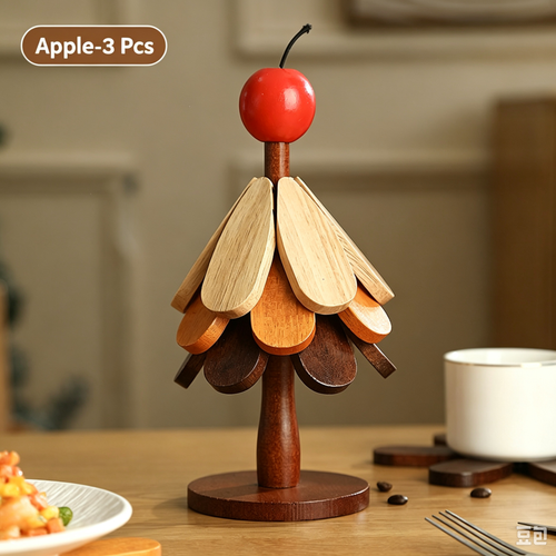 Foldable wooden Christmas tree trivet set with apple top, natural wood finish