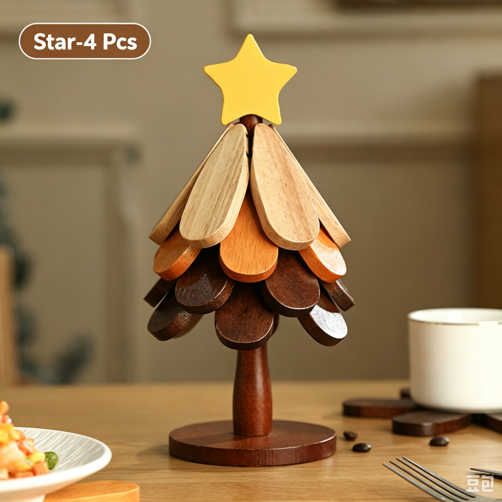 Star-top wooden Christmas tree trivet, foldable heat-resistant coaster set