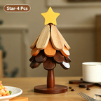 Star-top wooden Christmas tree trivet, foldable heat-resistant coaster set