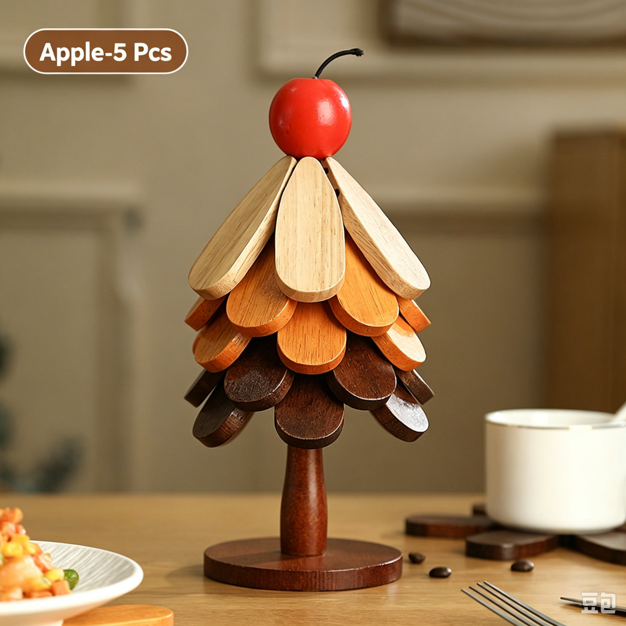Foldable wooden Christmas tree trivet set with apple top, natural wood finish
