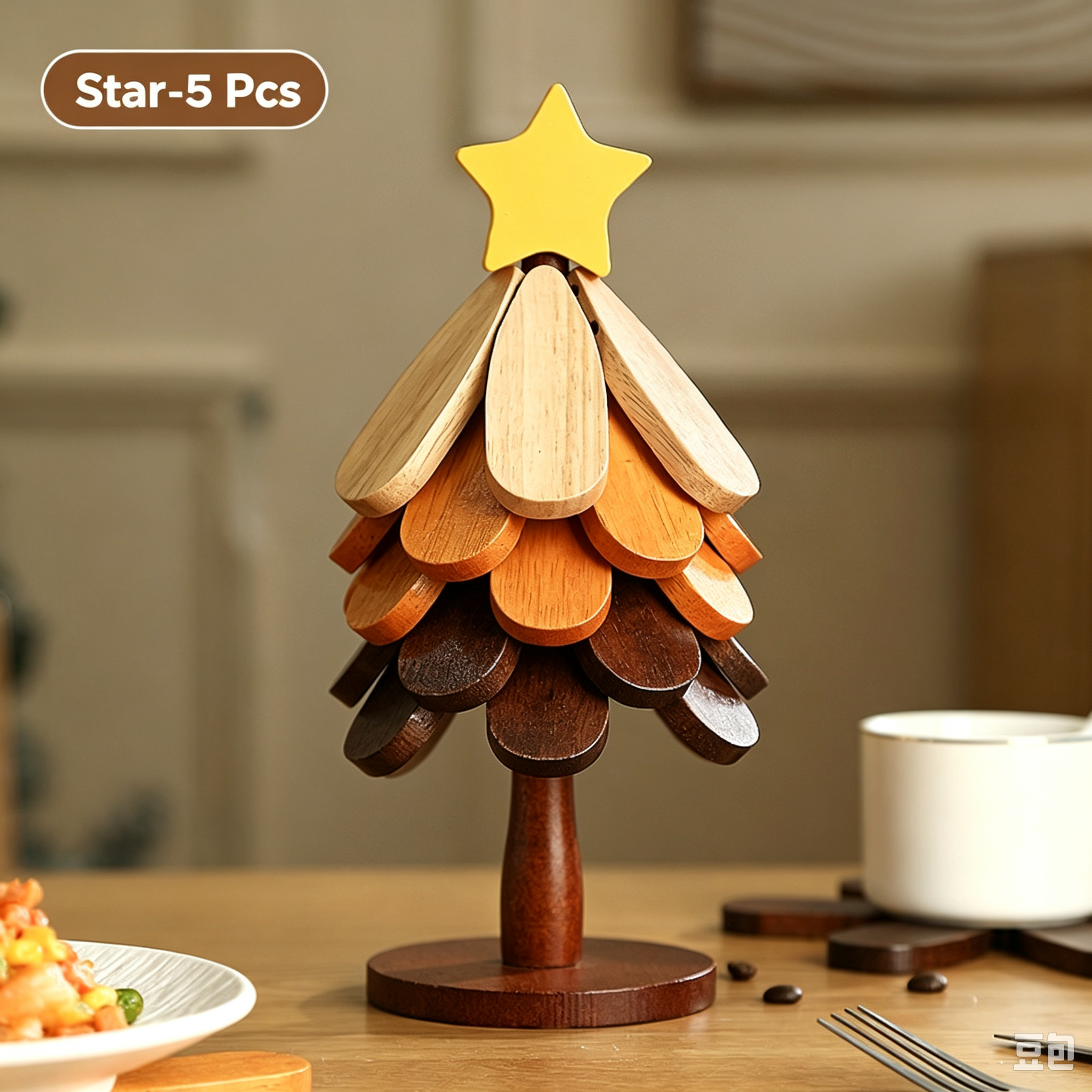 Star-top wooden Christmas tree trivet, foldable heat-resistant coaster set