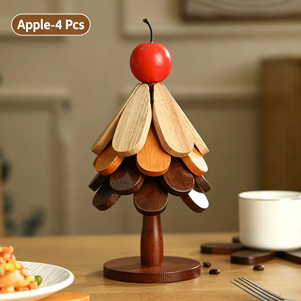 Christmas Tree Heat-Resistant Trivet Set — Foldable Wooden Coasters for Hot Dishes & Mugs