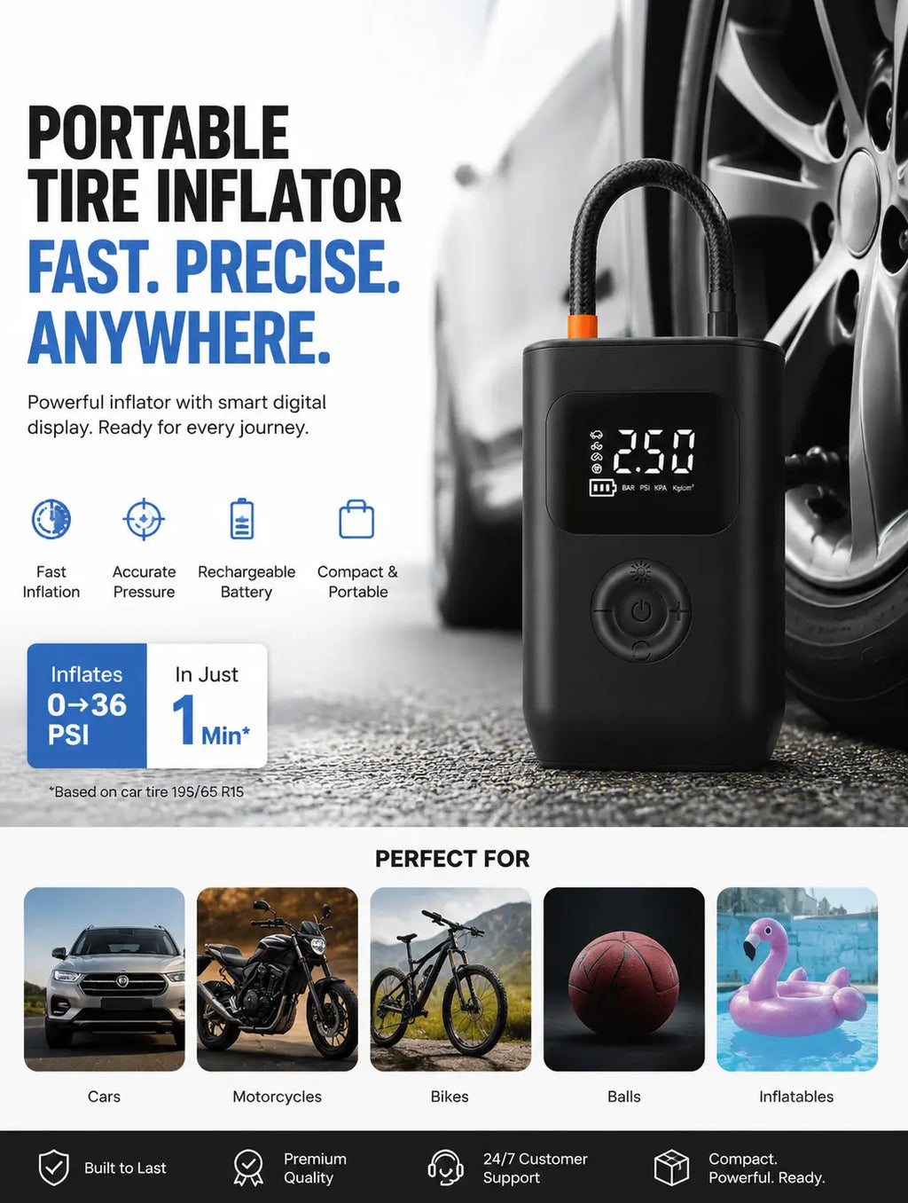 Wireless air pump inflating car tire, portable emergency tire inflator in use