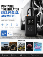 Wireless air pump inflating car tire, portable emergency tire inflator in use
