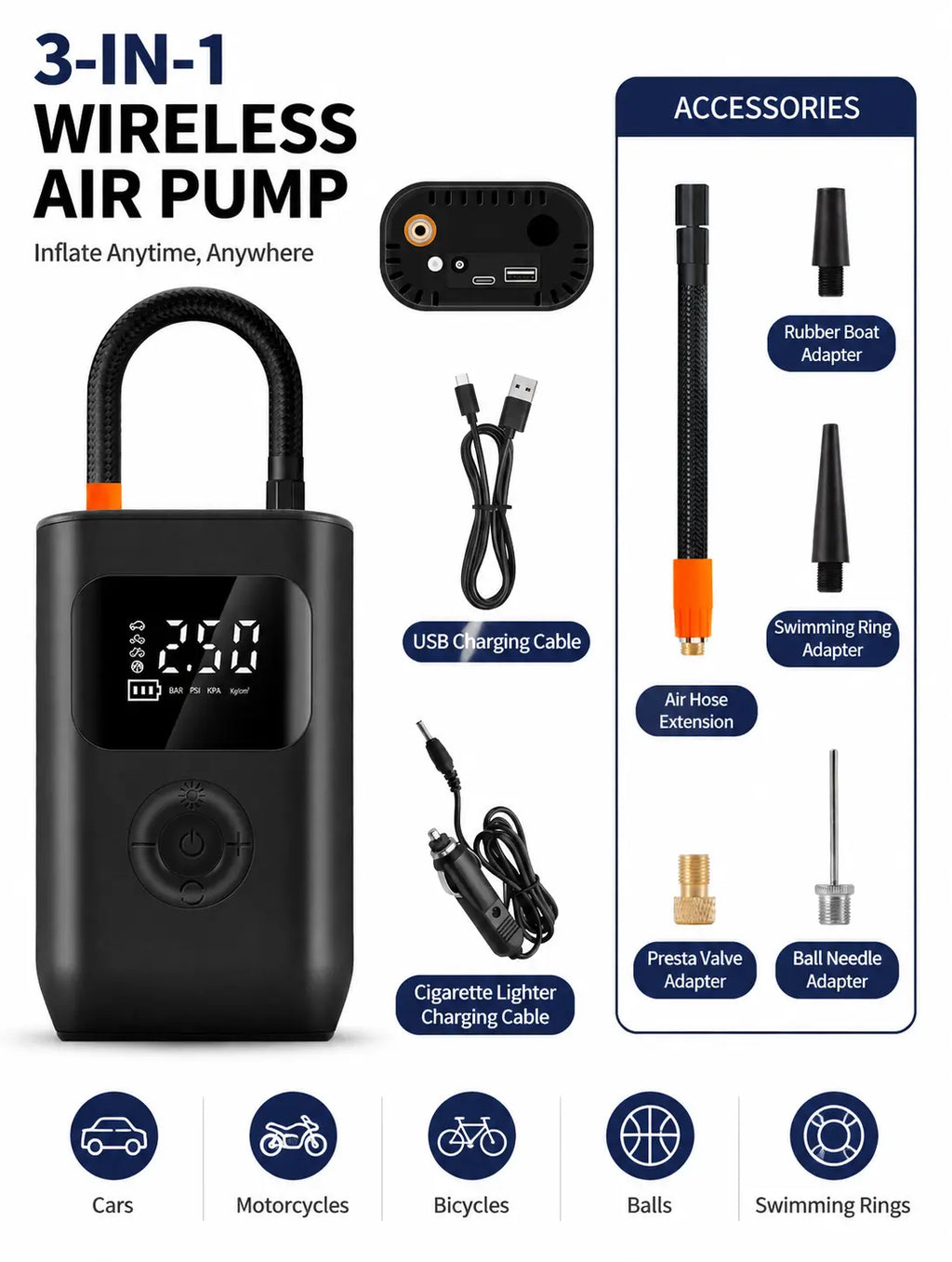 Car air pump with multiple nozzle adapters for tires, balls and inflatables