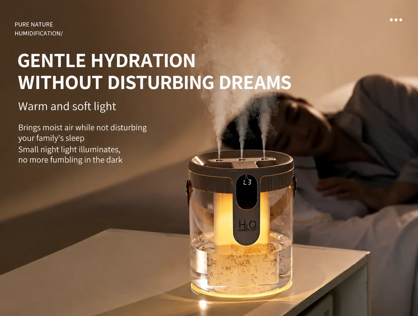Ultrasonic humidifier styled on modern bedroom nightstand with warm lighting
