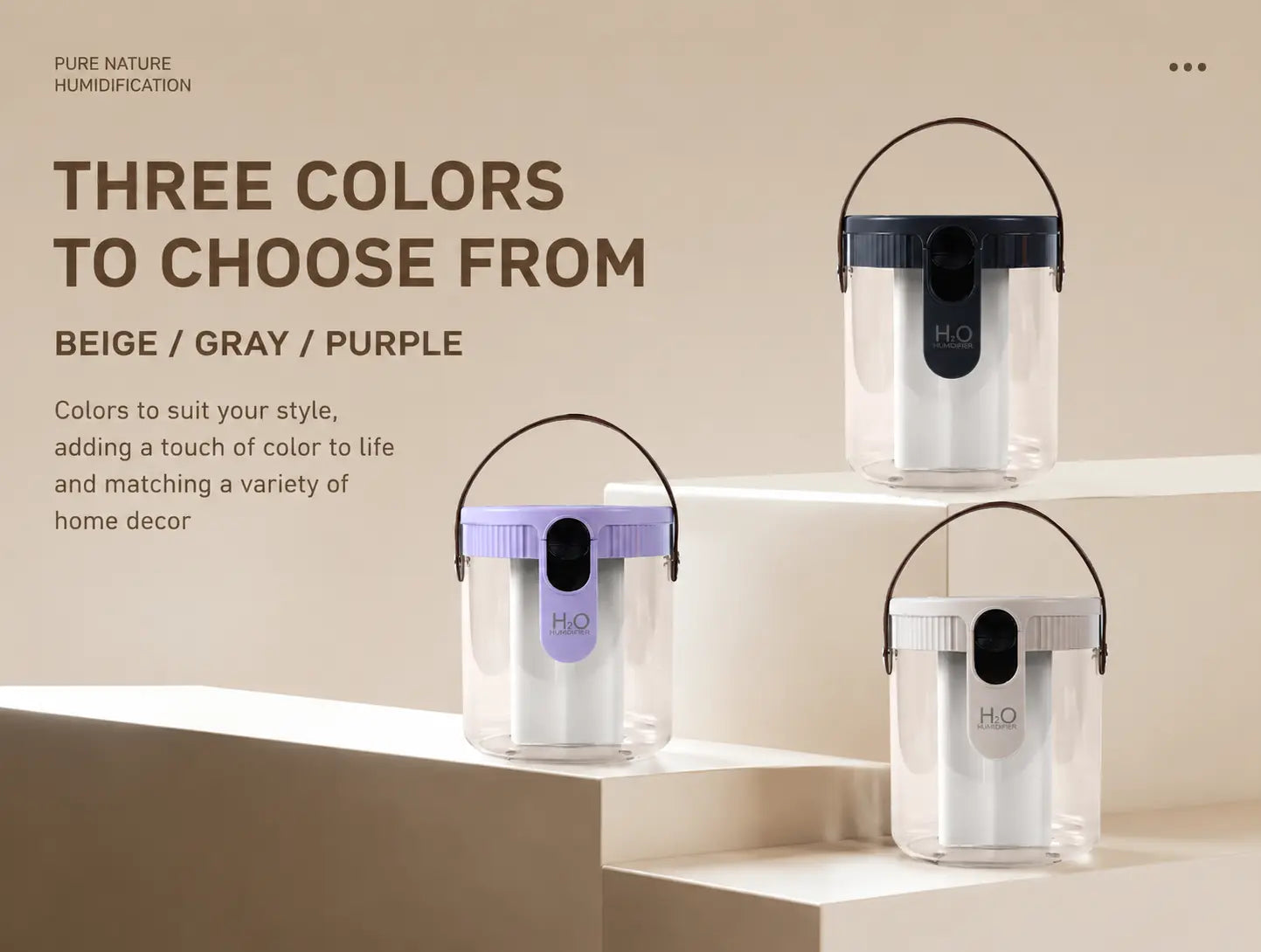 Triple nozzle ultrasonic humidifier side view, 1.5L water tank capacity