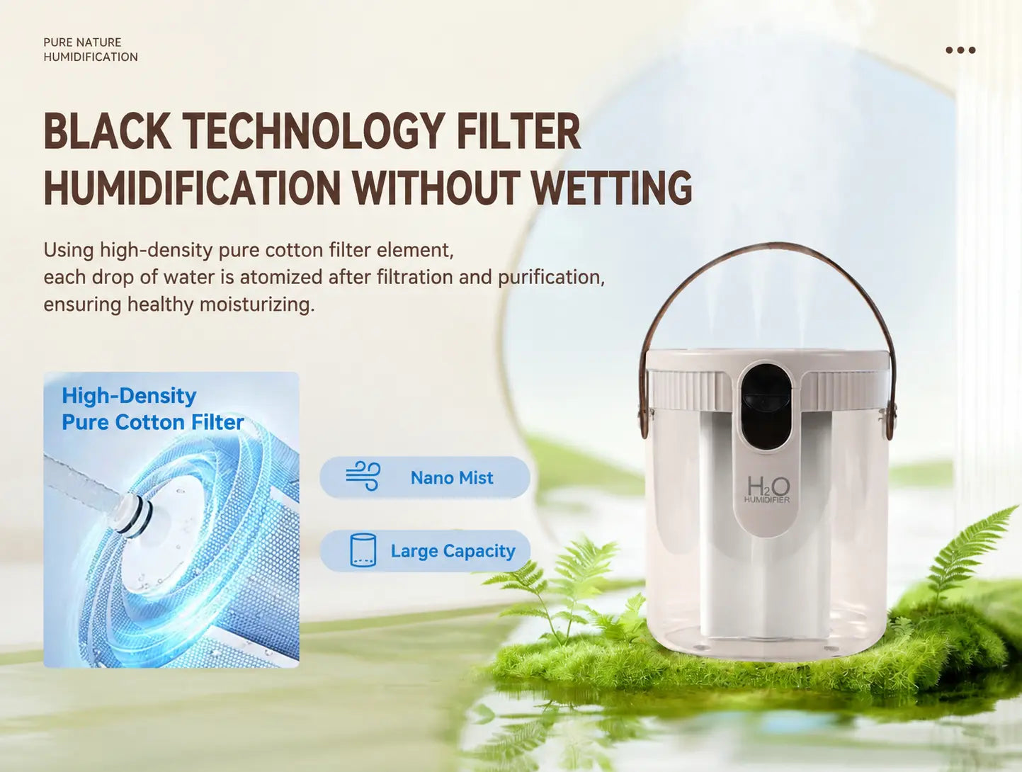 Close-up of triple nozzle design on ultrasonic humidifier, adjustable mist control