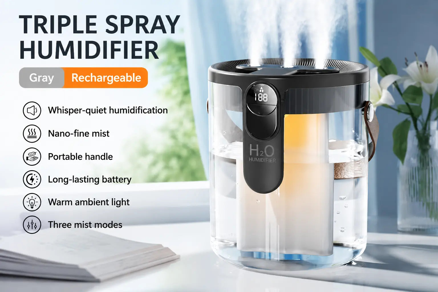 Cool mist humidifier in operation, three nozzle mist output on bedroom nightstand