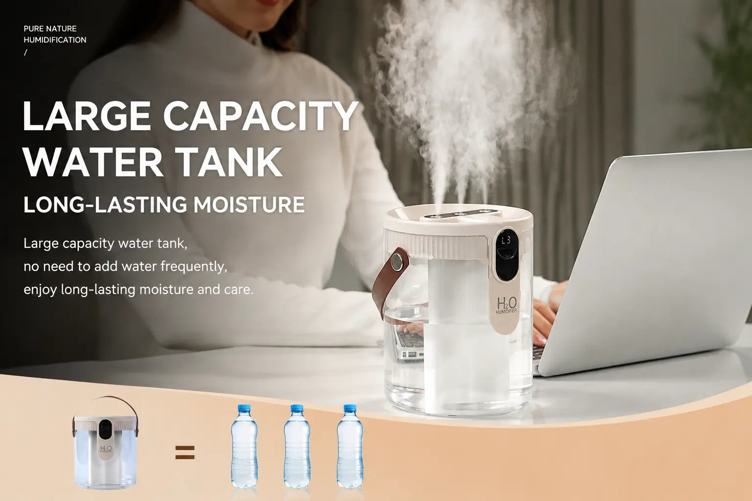 Cool mist humidifier in operation, three nozzle mist output on bedroom nightstand