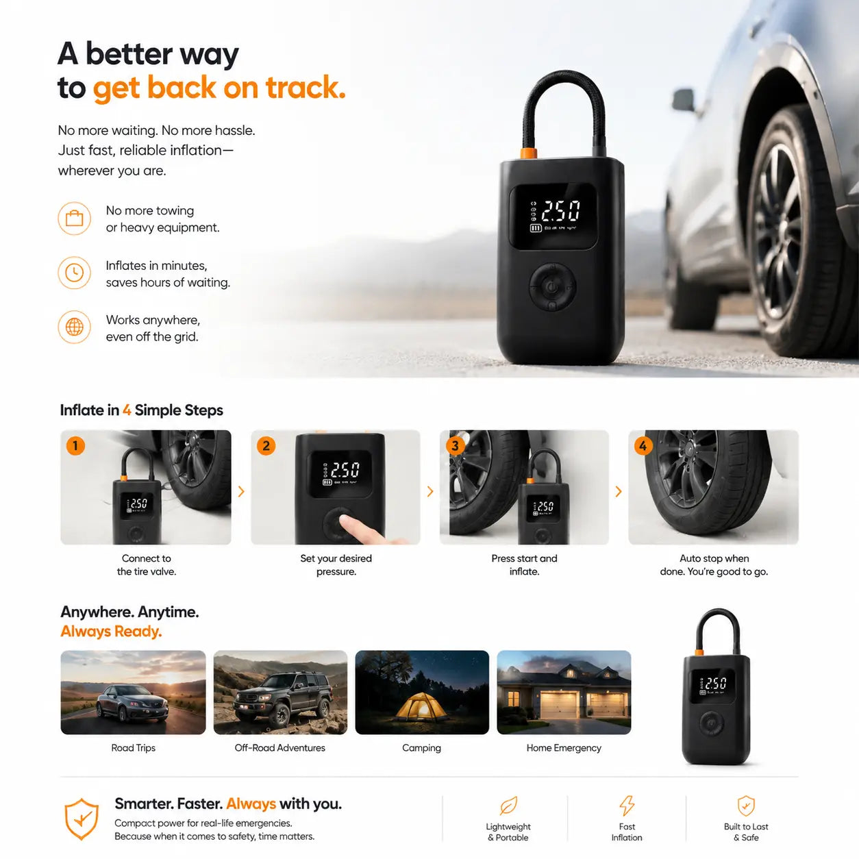 Wireless air pump inflating car tire, portable emergency tire inflator in use