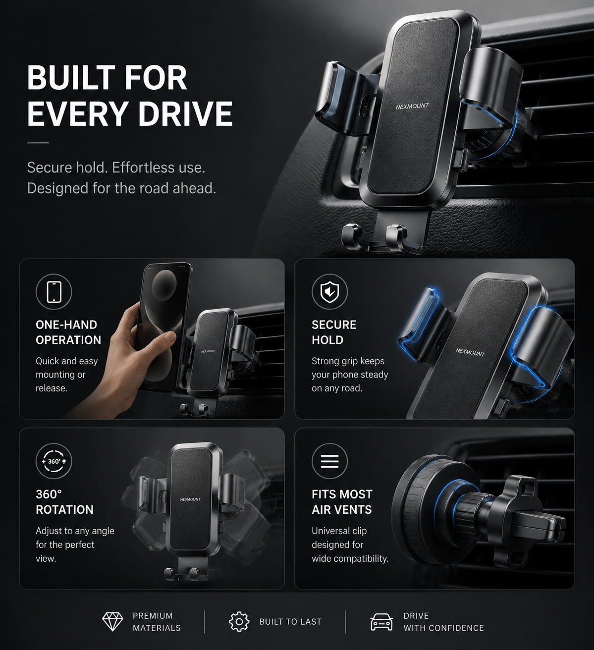 Gravity Car Phone Holder — Auto-Locking Air Vent Mount, One-Hand Operation