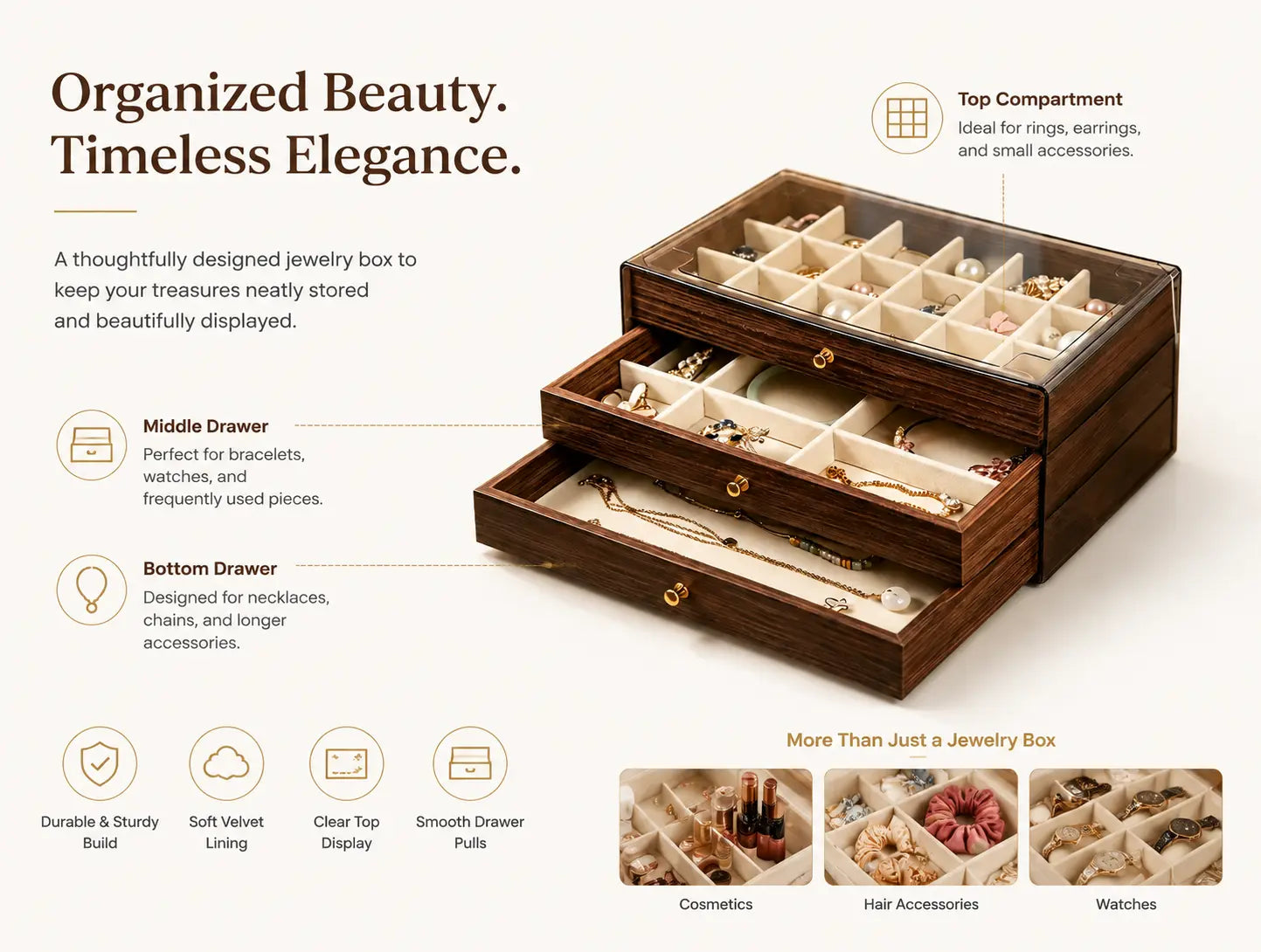 Large Capacity Walnut Jewelry Box with Pull-Out Drawers | Tangle-Free Organizer for Your Entire Collection