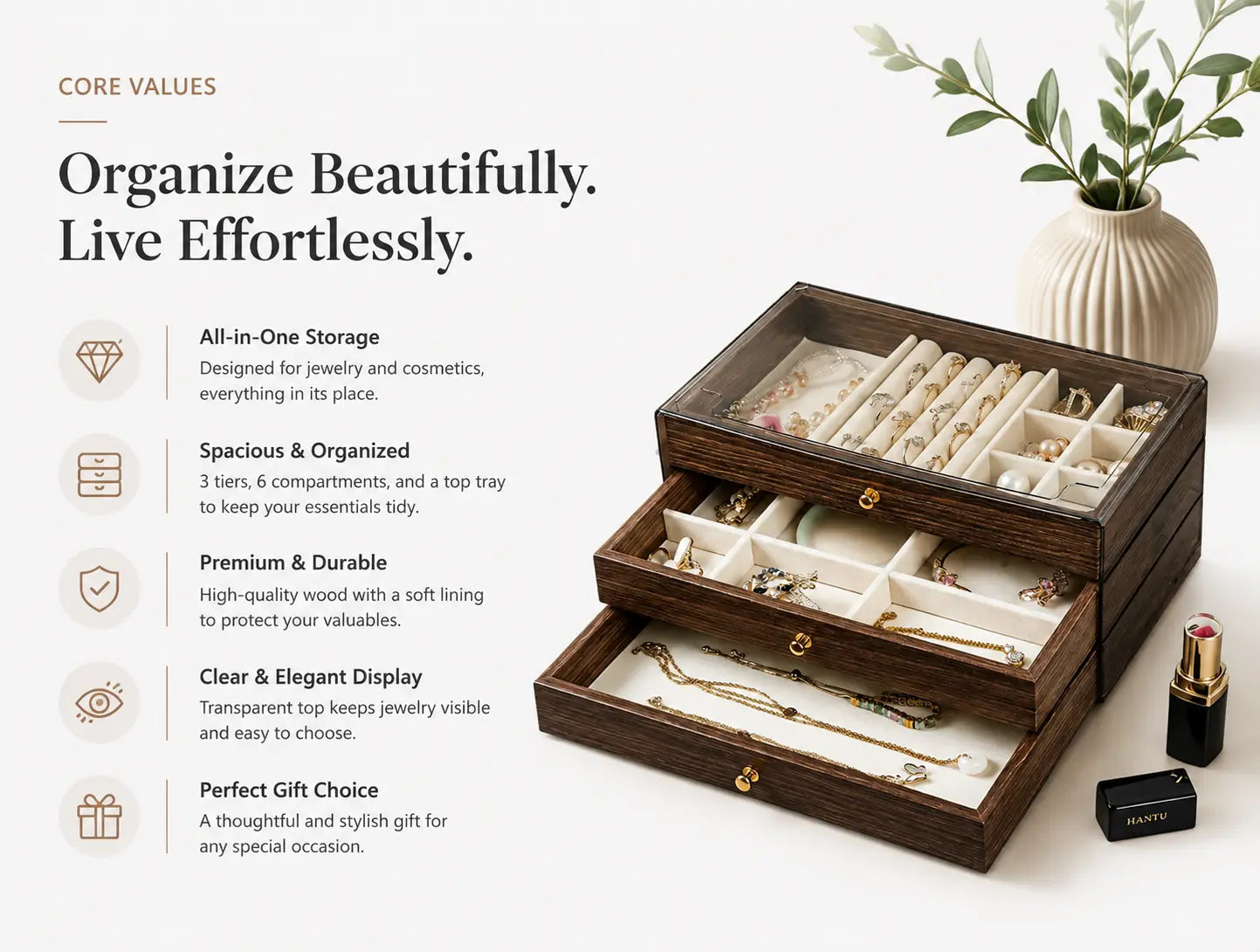 Large Capacity Walnut Jewelry Box with Pull-Out Drawers | Tangle-Free Organizer for Your Entire Collection