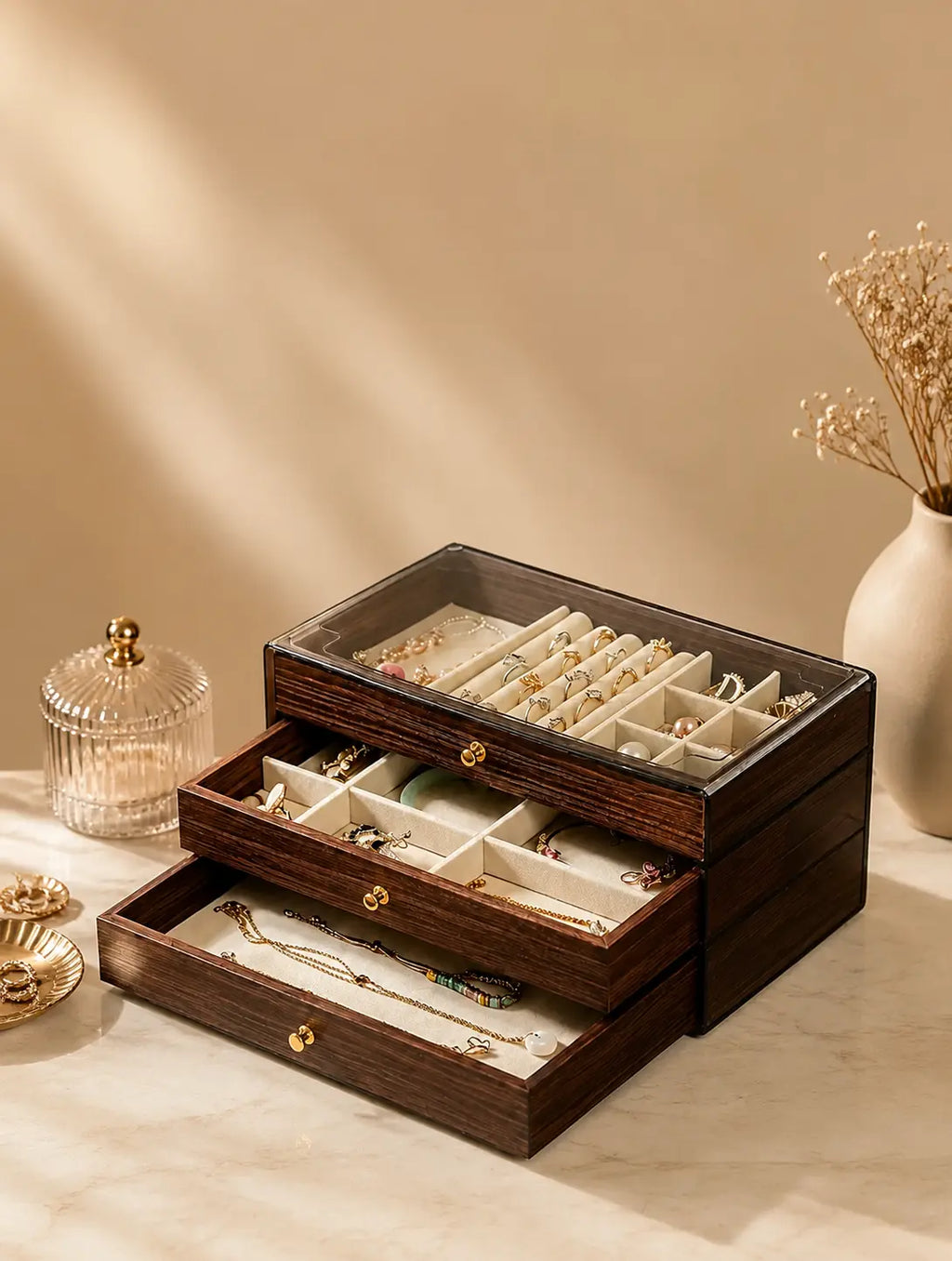 Large Capacity Walnut Jewelry Box with Pull-Out Drawers | Tangle-Free Organizer for Your Entire Collection