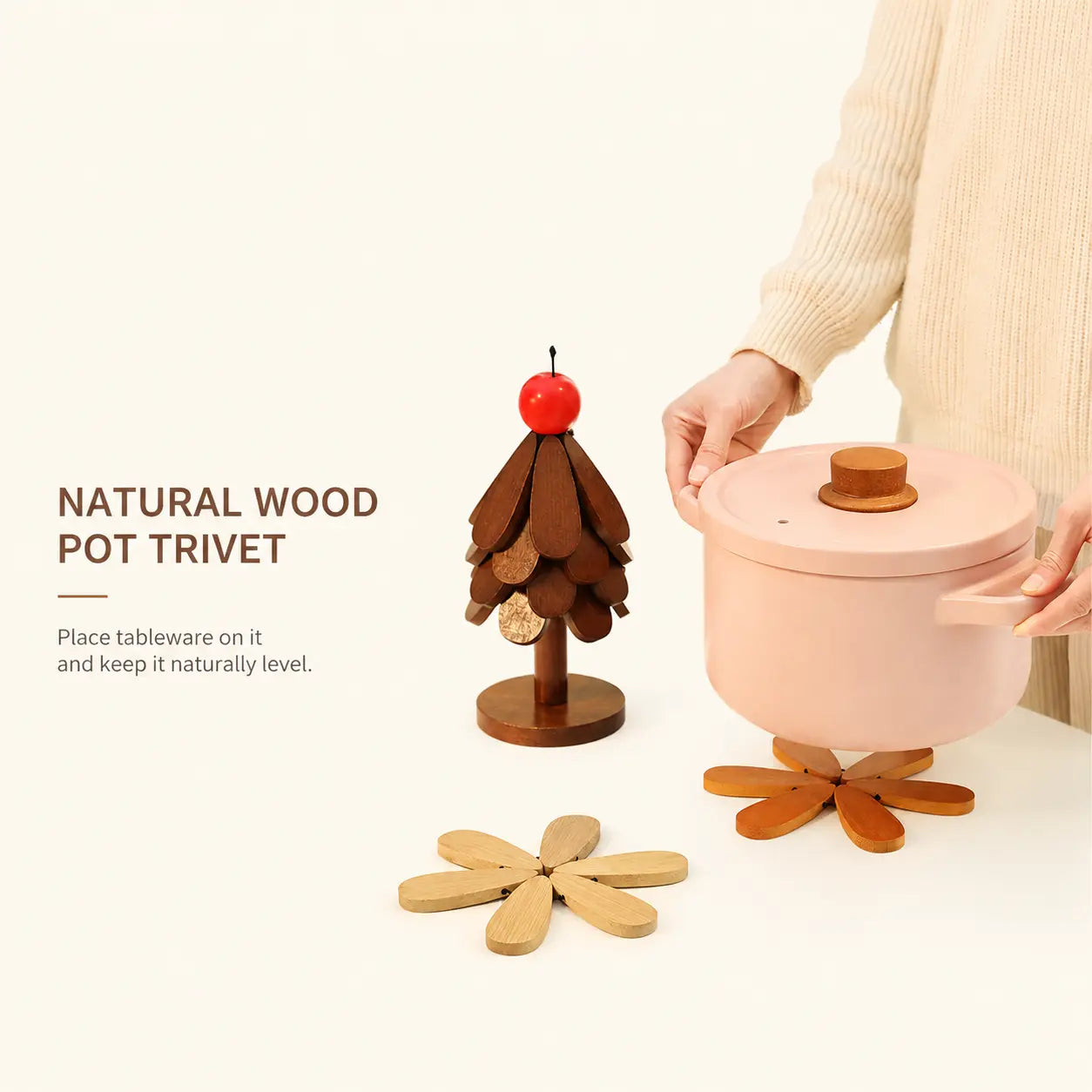 Wooden trivet set opened flat on dining table holding hot pot, heat-resistant protection
