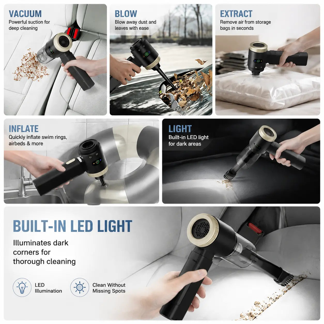 Handheld vacuum cleaning car cup holder and dashboard, cordless car interior cleaning