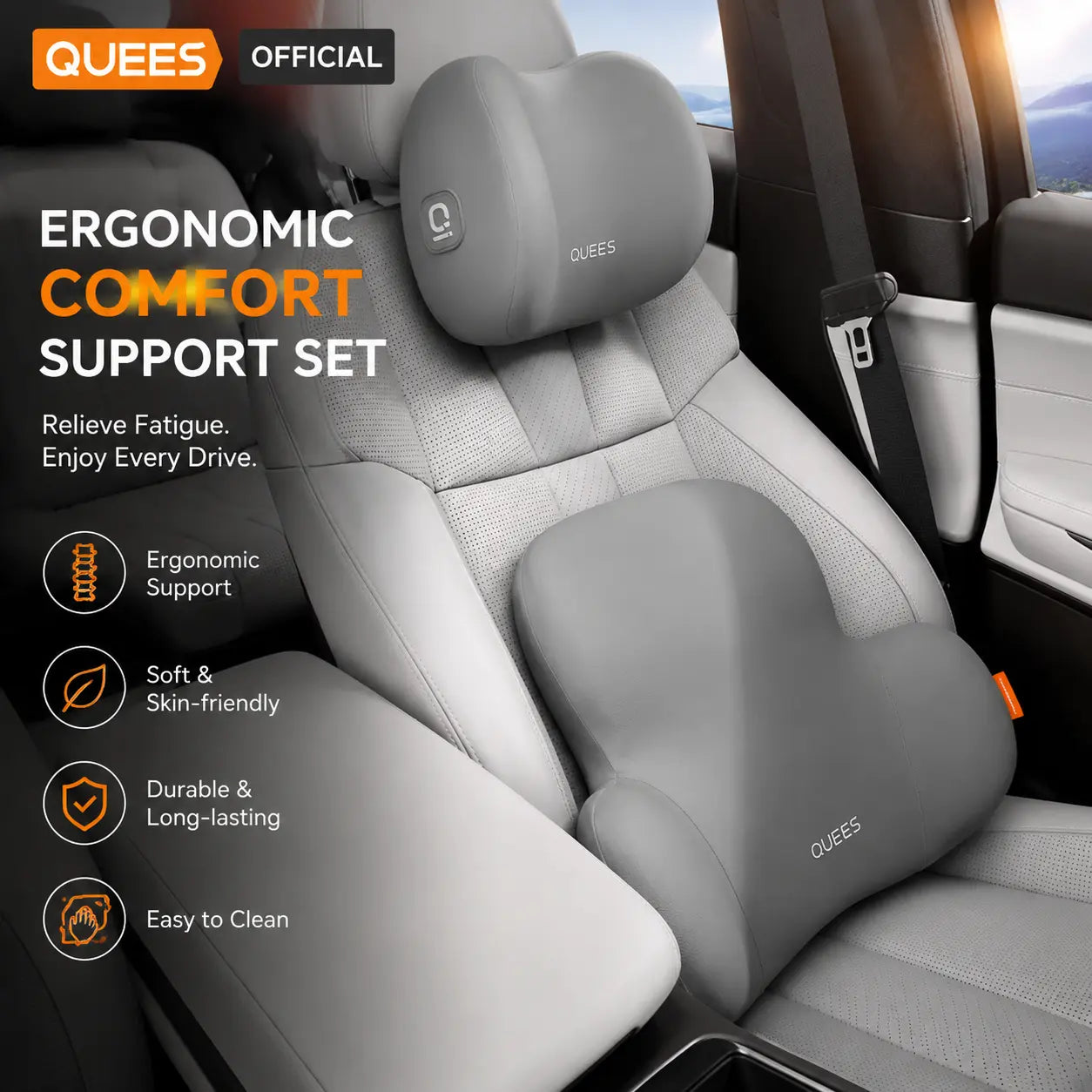 Memory Foam Car Neck Pillow and Lumbar Support Set — Ergonomic Comfort for Long Drives
