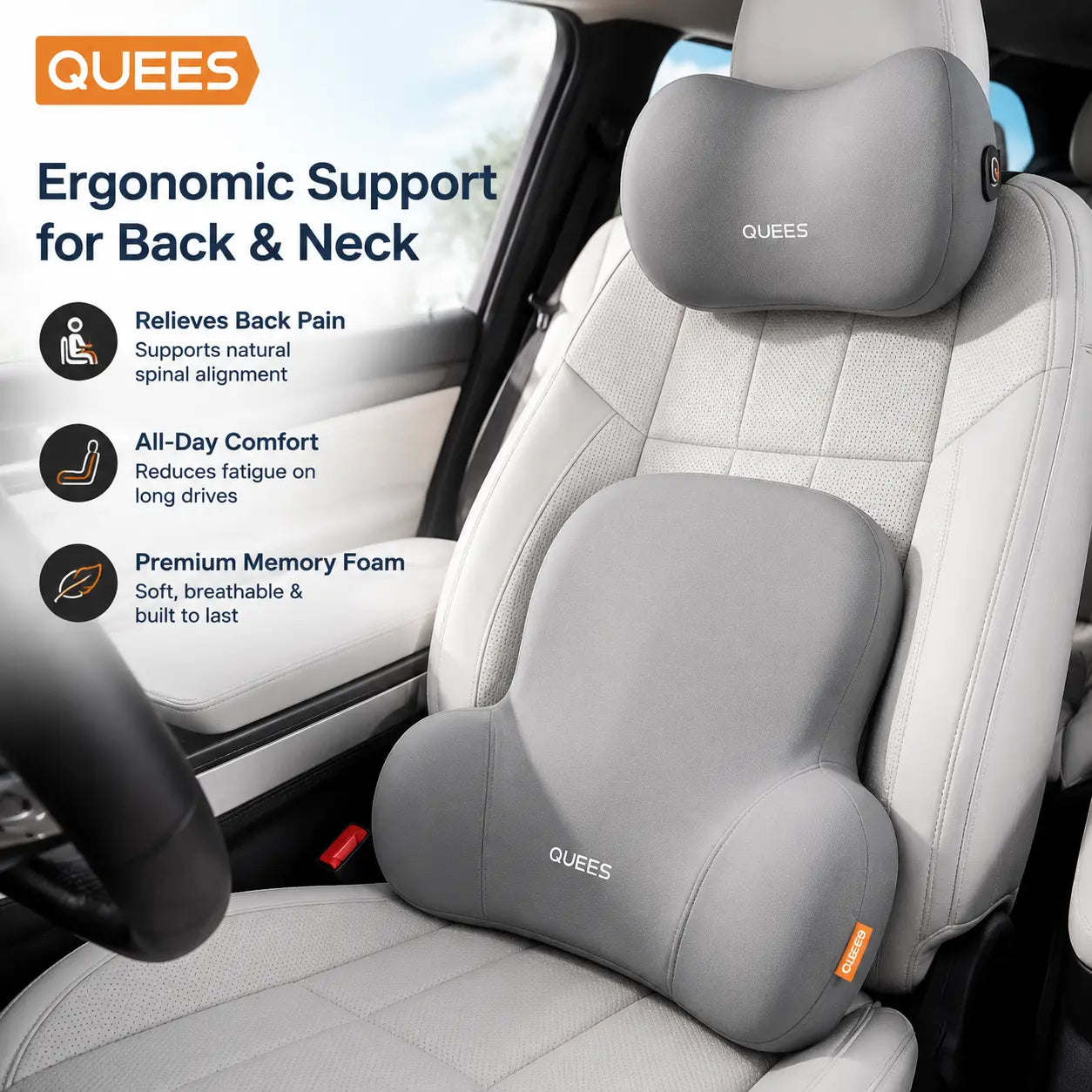 Memory Foam Car Neck Pillow and Lumbar Support Set — Ergonomic Comfort for Long Drives