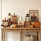 Halloween Decor Indoor,Retro Wooden Block for Shelf Decoration,Cute Ghost,Pumpkin,Black Cat,Skeleton,Witch Owl,Housewarming Gift